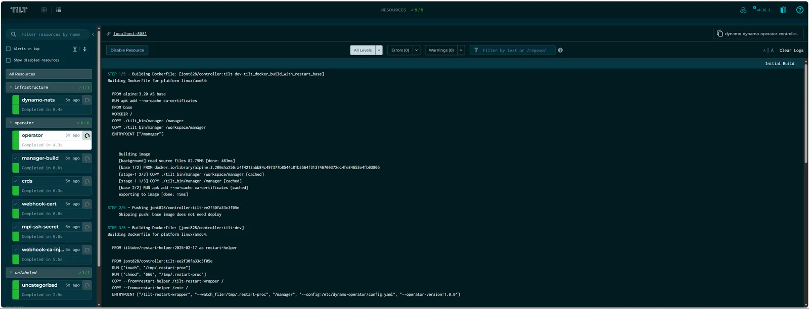 Tilt web UI showing the operator, CRDs, and infrastructure resources